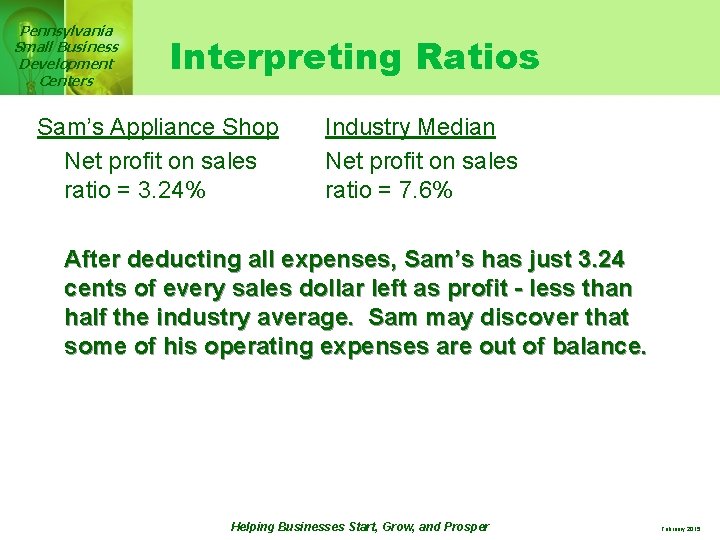 Pennsylvania Small Business Development Centers Interpreting Ratios Sam’s Appliance Shop Net profit on sales