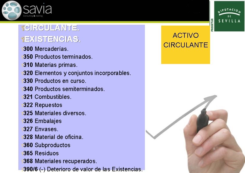 ŸCIRCULANTE. ŸEXISTENCIAS. Ÿ 300 Mercaderías. Ÿ 350 Productos terminados. Ÿ 310 Materias primas. Ÿ