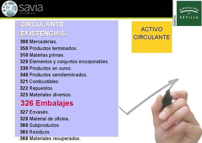 ŸCIRCULANTE. ŸEXISTENCIAS. Ÿ 300 Mercaderías. Ÿ 350 Productos terminados. Ÿ 310 Materias primas. Ÿ