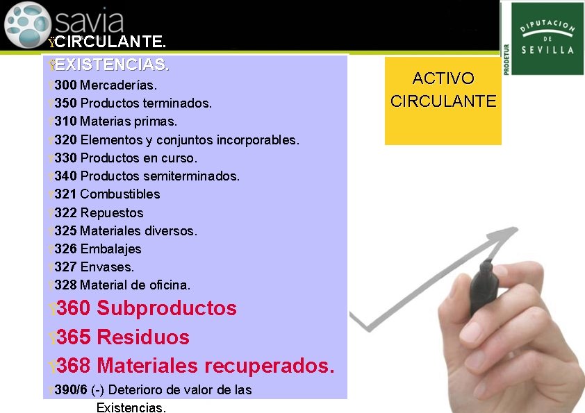 ŸCIRCULANTE. ŸEXISTENCIAS. Ÿ 300 Mercaderías. Ÿ 350 Productos terminados. Ÿ 310 Materias primas. Ÿ