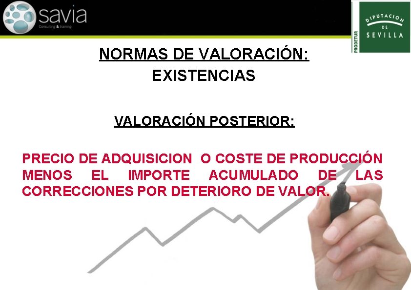 NORMAS DE VALORACIÓN: EXISTENCIAS VALORACIÓN POSTERIOR: PRECIO DE ADQUISICION O COSTE DE PRODUCCIÓN MENOS