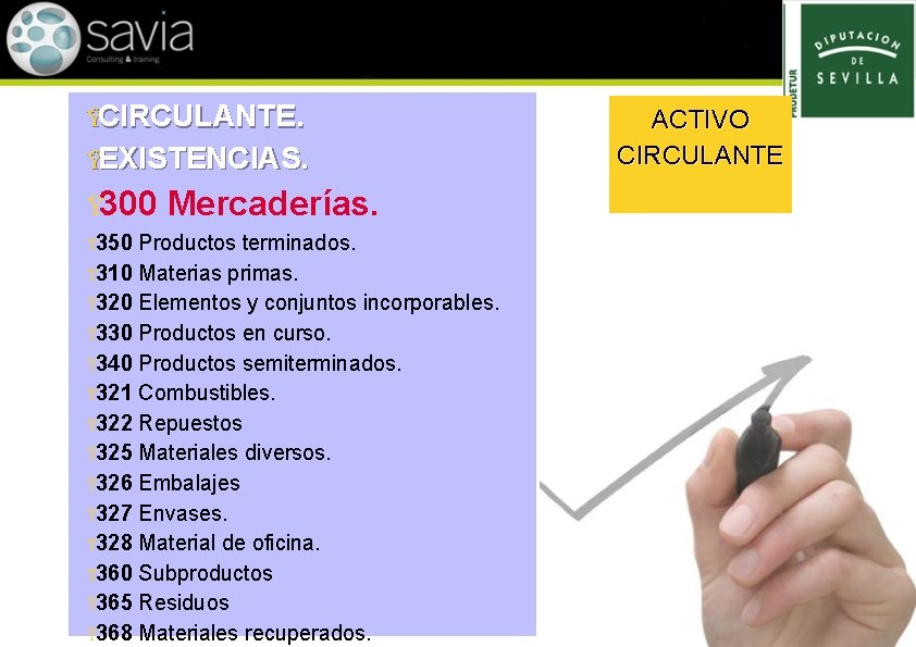 ŸCIRCULANTE. ŸEXISTENCIAS. Ÿ 300 Ÿ 350 Mercaderías. Productos terminados. Ÿ 310 Materias primas. Ÿ