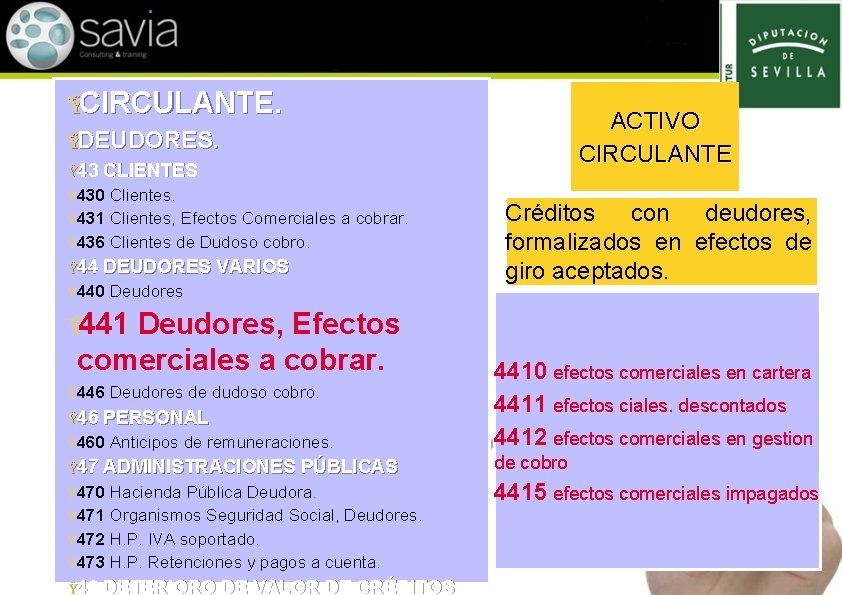 ŸCIRCULANTE. ACTIVO CIRCULANTE ŸDEUDORES. Ÿ 43 CLIENTES Ÿ 430 Clientes. Ÿ 431 Clientes, Efectos