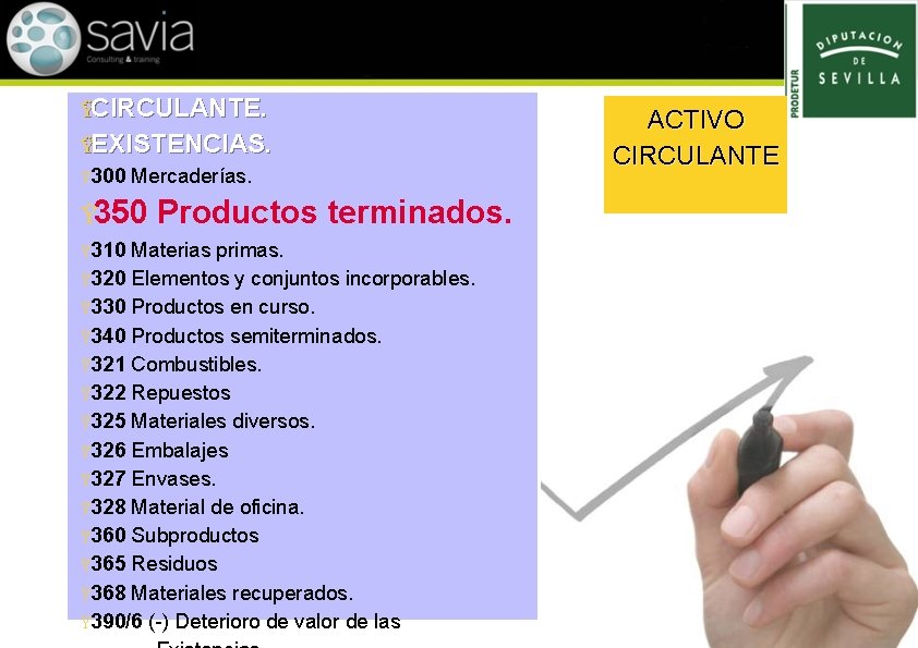 ŸCIRCULANTE. ŸEXISTENCIAS. Ÿ 300 Mercaderías. Ÿ 350 Ÿ 310 Productos terminados. Materias primas. Ÿ