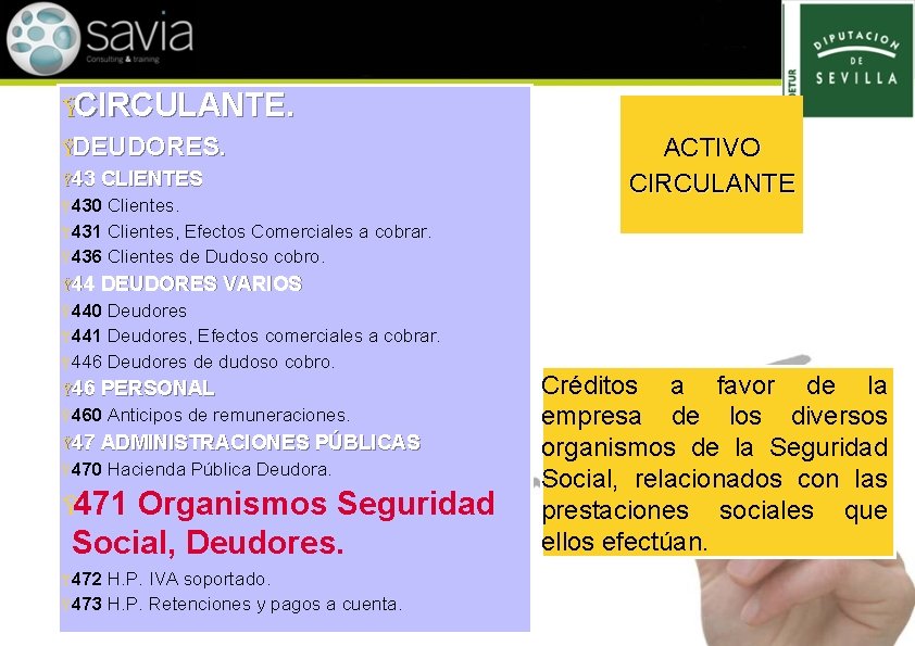 ŸCIRCULANTE. ŸDEUDORES. Ÿ 43 CLIENTES Ÿ 430 Clientes. Ÿ 431 Clientes, Efectos Comerciales a