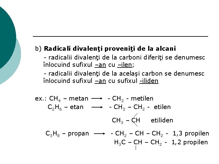 b) Radicali divalenţi proveniţi de la alcani - radicalii divalenţi de la carboni diferiţi