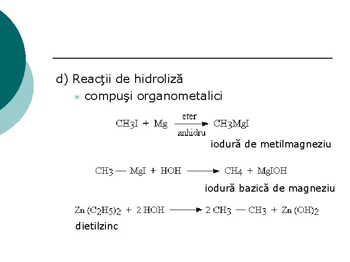 d) Reacţii de hidroliză ¬ compuşi organometalici iodură de metilmagneziu iodură bazică de magneziu