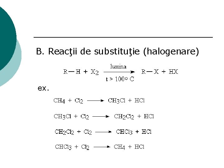 B. Reacţii de substituţie (halogenare) ex. 