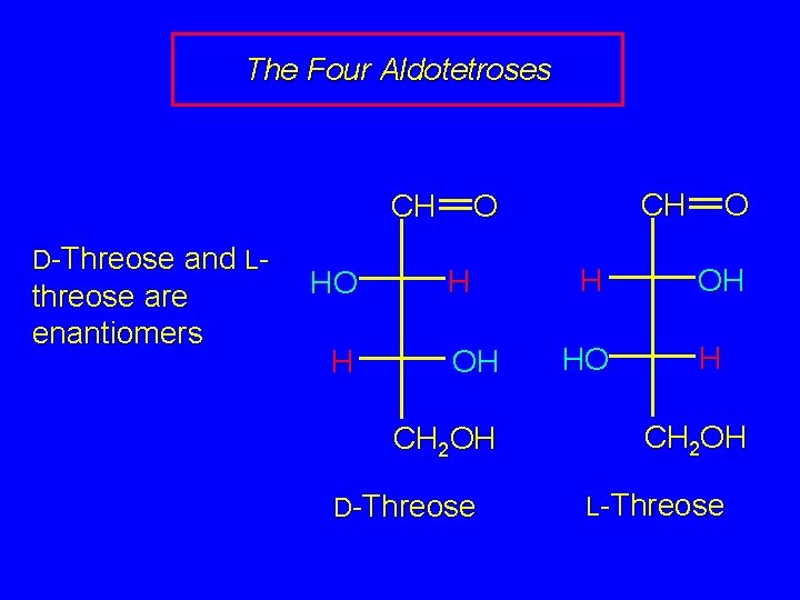 The Four Aldotetroses CH D-Threose and L- threose are enantiomers HO H CH O