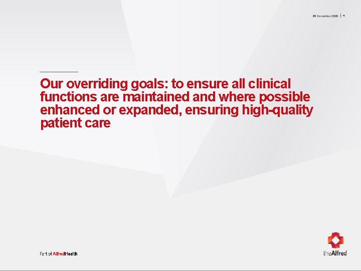 05 December 2020 Our overriding goals: to ensure all clinical functions are maintained and