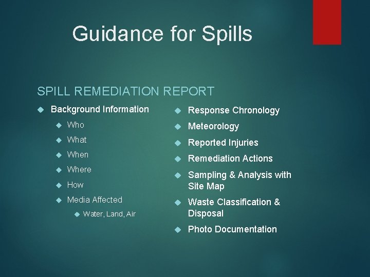 Guidance for Spills SPILL REMEDIATION REPORT Background Information Response Chronology Who Meteorology What Reported