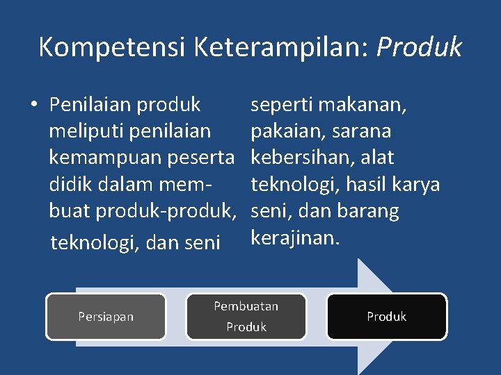 Kompetensi Keterampilan: Produk • Penilaian produk meliputi penilaian kemampuan peserta didik dalam membuat produk-produk,