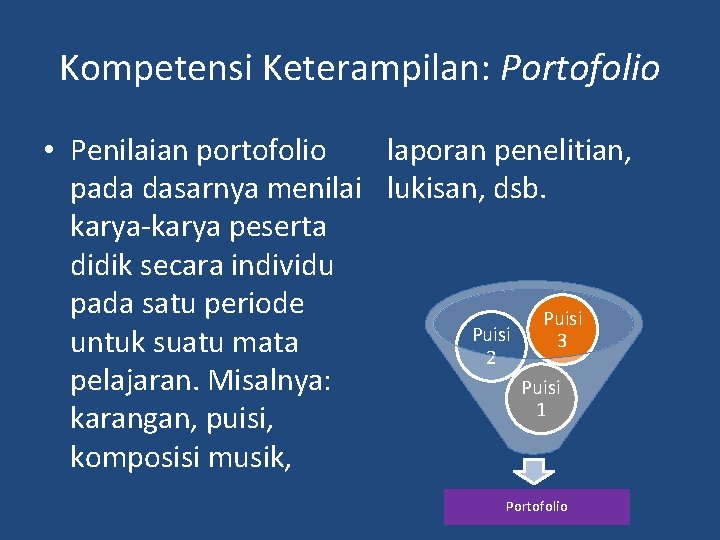 Kompetensi Keterampilan: Portofolio laporan penelitian, • Penilaian portofolio pada dasarnya menilai lukisan, dsb. karya-karya