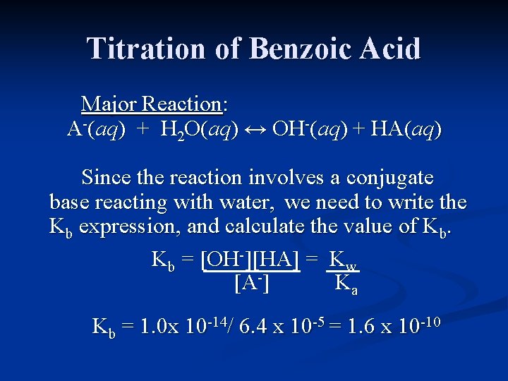 Titration of Benzoic Acid Major Reaction: A-(aq) + H 2 O(aq) ↔ OH-(aq) +