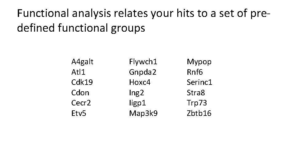 Functional analysis relates your hits to a set of predefined functional groups A 4