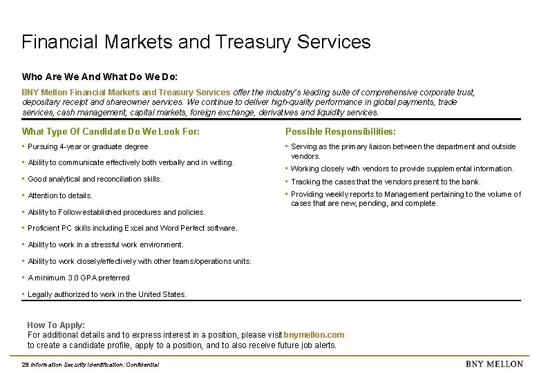Financial Markets and Treasury Services Who Are We And What Do We Do: BNY