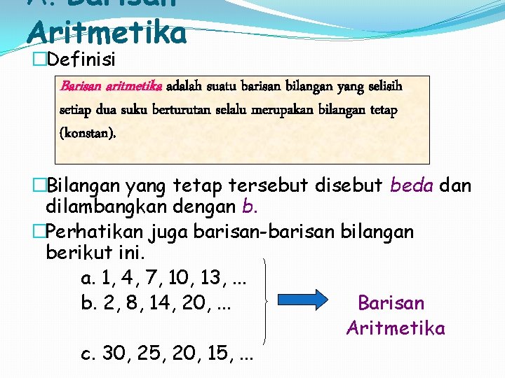 A. Barisan Aritmetika �Definisi Barisan aritmetika adalah suatu barisan bilangan yang selisih setiap dua