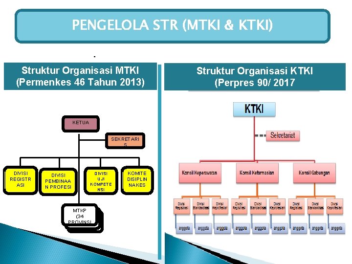 PENGELOLA STR (MTKI & KTKI) Struktur Organisasi MTKI (Permenkes 46 Tahun 2013) KETUA SEKRETARI