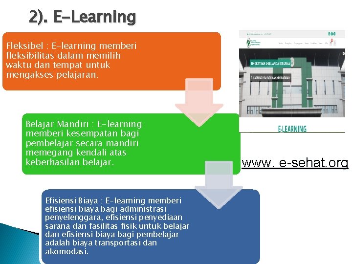 2). E-Learning Fleksibel : E-learning memberi fleksibilitas dalam memilih waktu dan tempat untuk mengakses