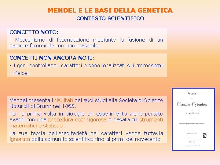 MENDEL E LE BASI DELLA GENETICA CONTESTO SCIENTIFICO CONCETTO NOTO: - Meccanismo di fecondazione