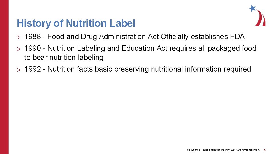 History of Nutrition Label > 1988 - Food and Drug Administration Act Officially establishes