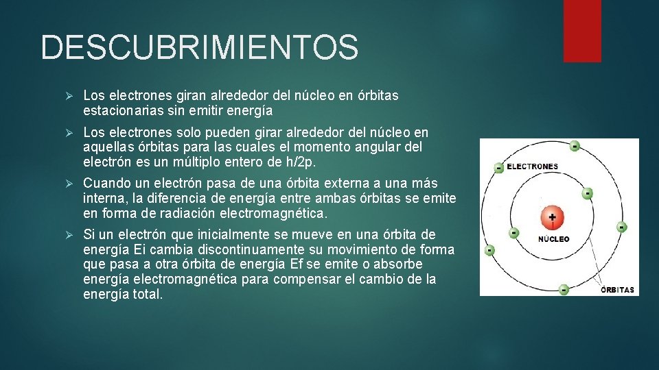 DESCUBRIMIENTOS Ø Los electrones giran alrededor del núcleo en órbitas estacionarias sin emitir energía