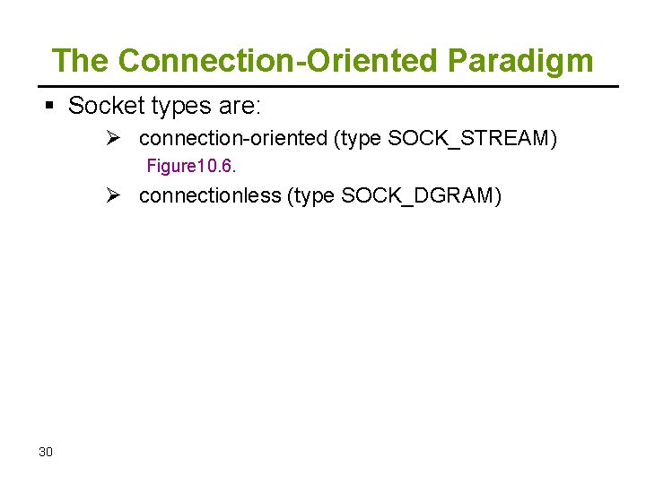 The Connection-Oriented Paradigm Socket types are: Ø connection-oriented (type SOCK_STREAM) Figure 10. 6. Ø
