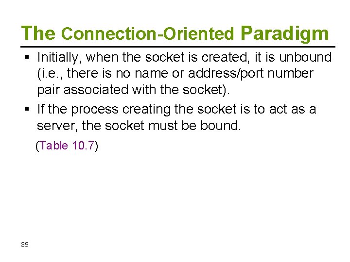 The Connection-Oriented Paradigm Initially, when the socket is created, it is unbound (i. e.
