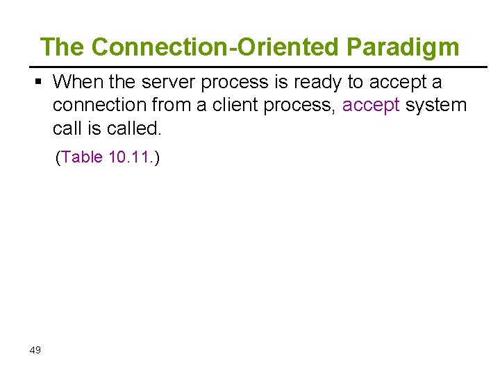 The Connection-Oriented Paradigm When the server process is ready to accept a connection from