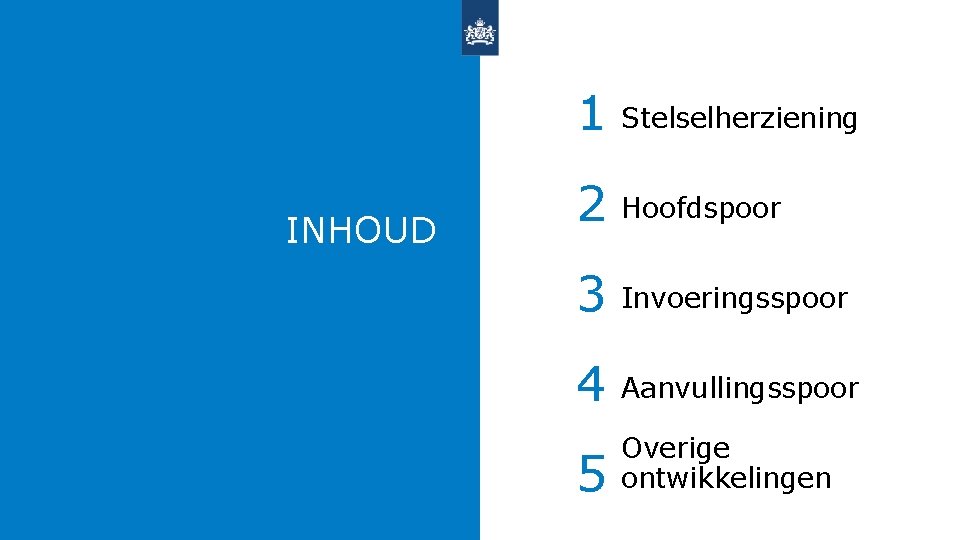 INHOUD 1 Stelselherziening 2 Hoofdspoor 3 Invoeringsspoor 4 Aanvullingsspoor 5 Overige ontwikkelingen 