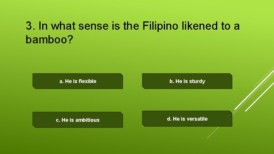 3. In what sense is the Filipino likened to a bamboo? a. He is