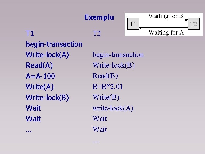 Exemplu T 1 begin-transaction Write-lock(A) Read(A) A=A-100 Write(A) Write-lock(B) Wait … T 2 begin-transaction