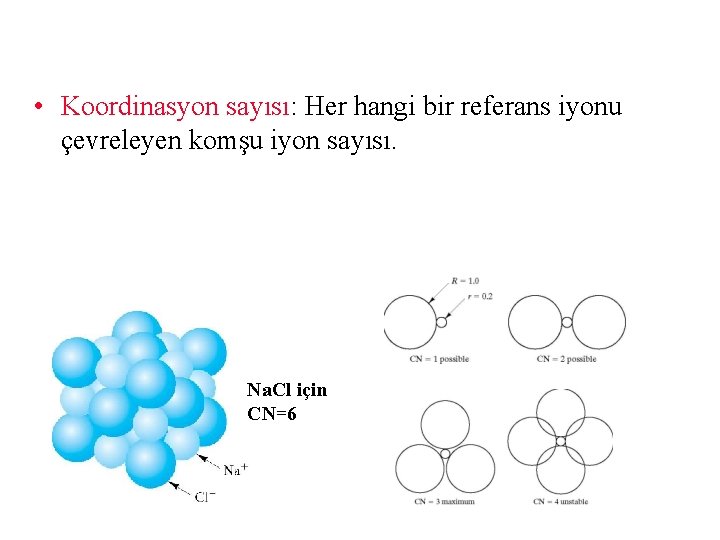  • Koordinasyon sayısı: Her hangi bir referans iyonu çevreleyen komşu iyon sayısı. Na.