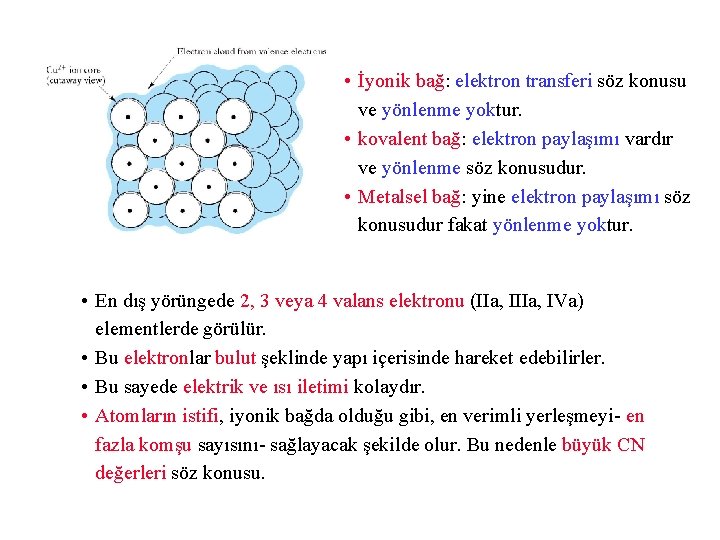  • İyonik bağ: elektron transferi söz konusu ve yönlenme yoktur. • kovalent bağ: