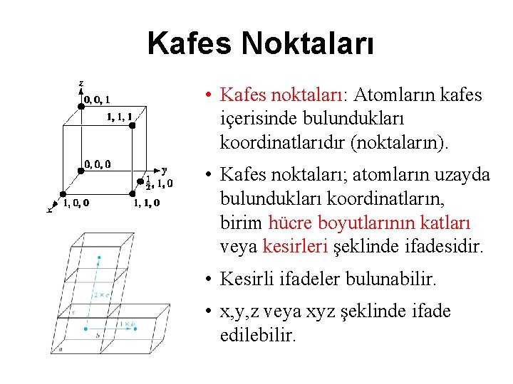 Kafes Noktaları • Kafes noktaları: Atomların kafes içerisinde bulundukları koordinatlarıdır (noktaların). • Kafes noktaları;