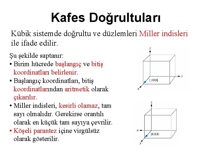 Kafes Doğrultuları Kübik sistemde doğrultu ve düzlemleri Miller indisleri ile ifade edilir. Şu şekilde