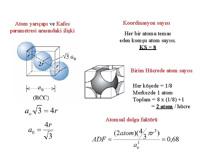 Atom yarıçapı ve Kafes parametresi arasındaki ilişki Koordinasyon sayısı Her bir atoma temas eden
