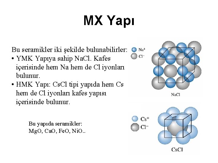 MX Yapı Bu seramikler iki şekilde bulunabilirler: • YMK Yapıya sahip Na. Cl. Kafes