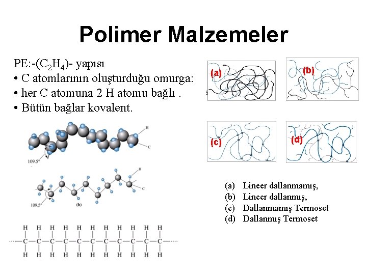 Polimer Malzemeler PE: -(C 2 H 4)- yapısı • C atomlarının oluşturduğu omurga: •