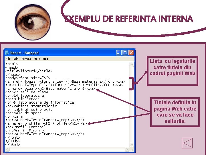 EXEMPLU DE REFERINTA INTERNA Lista cu legaturile catre tintele din cadrul paginii Web Tintele
