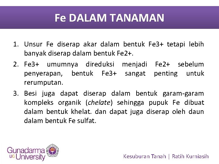 Fe DALAM TANAMAN 1. Unsur Fe diserap akar dalam bentuk Fe 3+ tetapi lebih