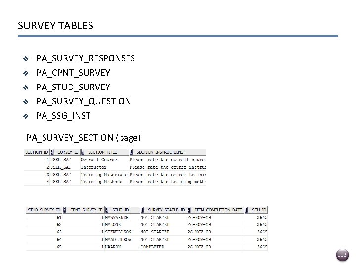 SURVEY TABLES v v v PA_SURVEY_RESPONSES PA_CPNT_SURVEY PA_STUD_SURVEY PA_SURVEY_QUESTION PA_SSG_INST PA_SURVEY_SECTION (page) 102 