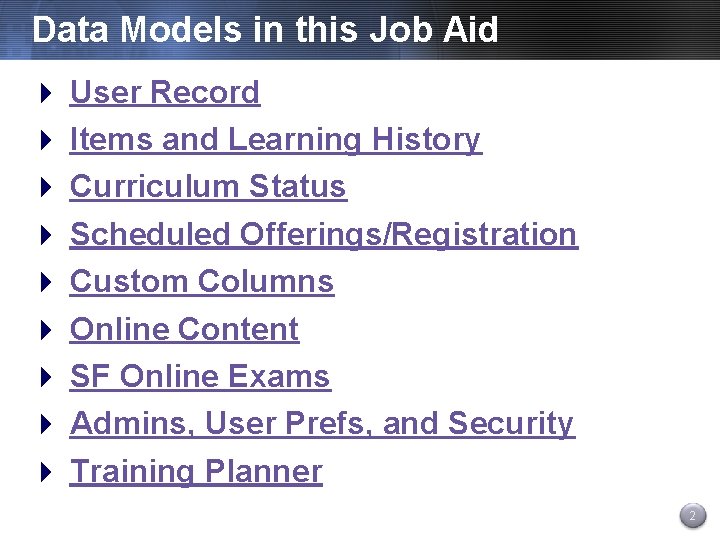 Data Models in this Job Aid 4 User Record 4 Items and Learning History