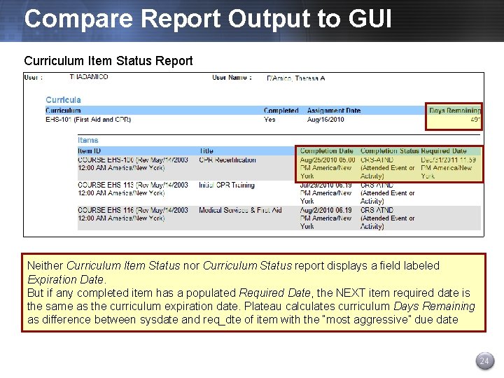 Compare Report Output to GUI Curriculum Item Status Report Neither Curriculum Item Status nor