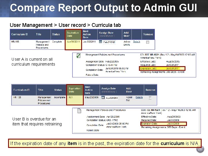 Compare Report Output to Admin GUI User Management > User record > Curricula tab