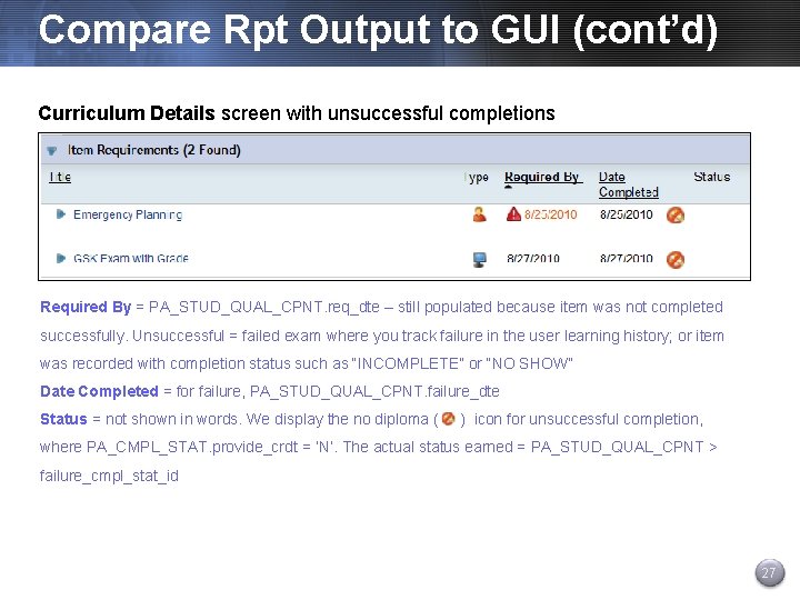 Compare Rpt Output to GUI (cont’d) Curriculum Details screen with unsuccessful completions Required By