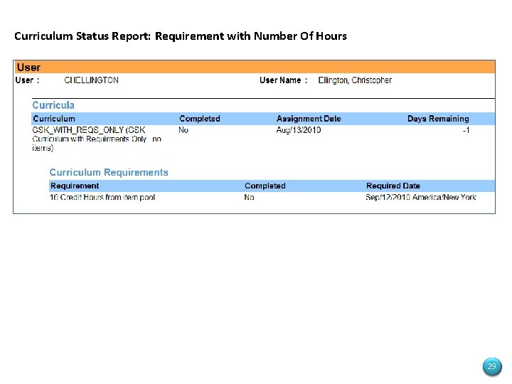 Curriculum Status Report: Requirement with Number Of Hours 29 