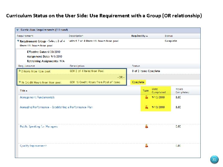 Curriculum Status on the User Side: Use Requirement with a Group (OR relationship) 31