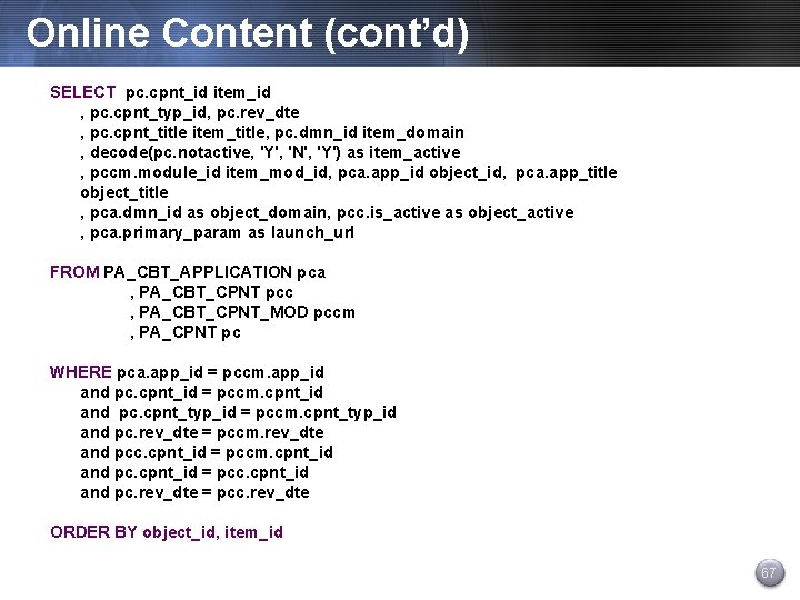 Online Content (cont’d) SELECT pc. cpnt_id item_id , pc. cpnt_typ_id, pc. rev_dte , pc.