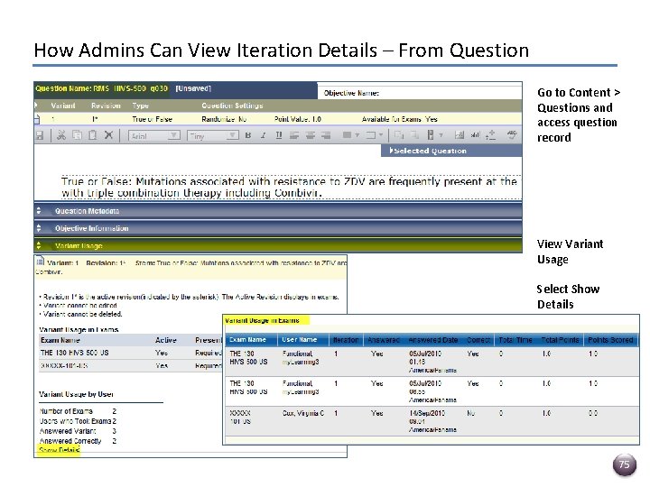 How Admins Can View Iteration Details – From Question Go to Content > Questions